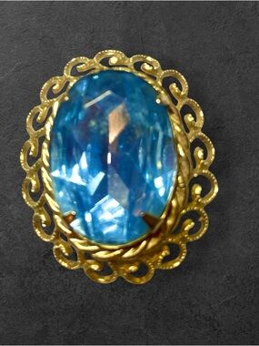 Coro Gold-Tone Brooch with Sky Blue Oval Glass Stone